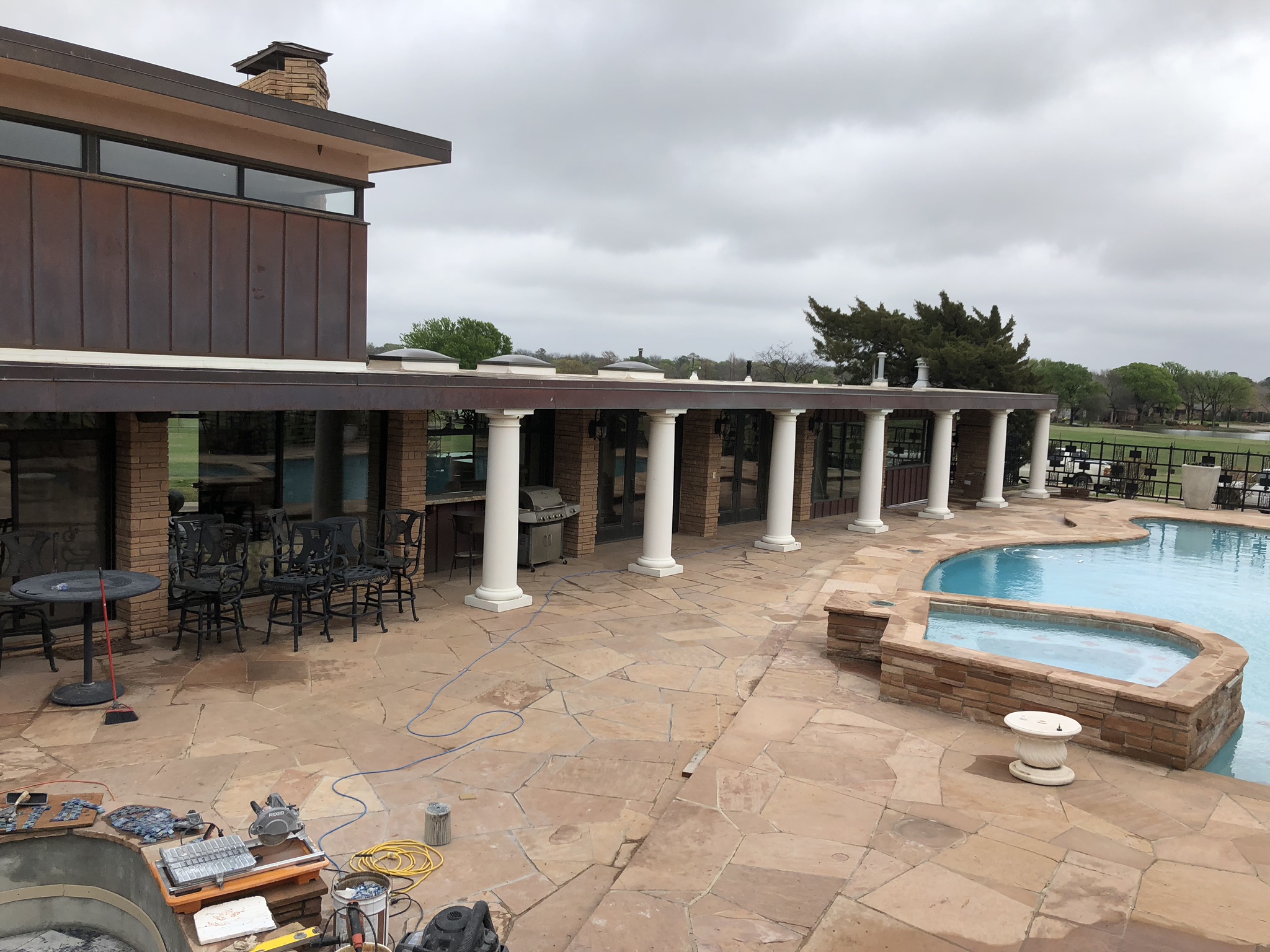 This renovation job required us to remove large portions of decking to run new lines of plumbing. Our equipment was located in a storage room, on the right side of this home. This was approximately a 100' run from the equipment to the elevated water fountains that we installed.